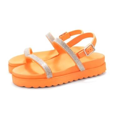 Imagem de Sandalia Papete de Strass Flatform Feminina Rasteirinha Tratorada Com Fivela Moderna Palmilha Macia Tamanho:35;Cor:Laranja;Gênero:Feminino;Departamento BS:Esporte