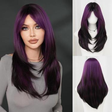 Imagem de Peruca 7JHH WIGS Ombre longa roxa escura com franja resistente ao calo
