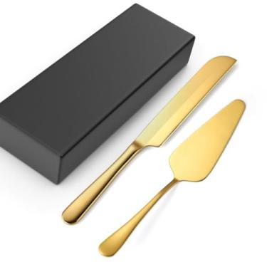 Imagem de PAXNOK Elegante conjunto de corte de bolo dourado - 2 peças de faca e servidor de aço inoxidável para casamentos, aniversários, aniversários e celebrações - presente para chás de panela e decorações