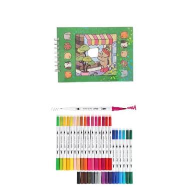 Imagem de Kit Livro de Colorir com 50 Folhas + 24 Canetinhas Marca Texto Brush, Cores Vivas, Ponta Dupla