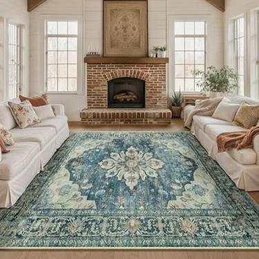 Imagem de RELEANY Tapete quadrado quadrado de 2,4 m, lavável, antiderrapante, estampa floral, vintage, medalhão para sala de estar, quarto, sala de jantar, azul escuro vintage