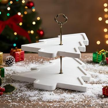 Imagem de Amyhill Bandeja de madeira para árvore de Natal de 2 camadas, suporte de cupcake, expositor de sobremesa, pratos de servir de Natal, tábua de charcutaria de madeira para lanches, comida, aperitivos