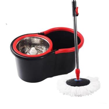 Imagem de Mop desaguador automático giratório 360° Cabo aço Inox Cesto aço Inox com balde(Inox Preta)