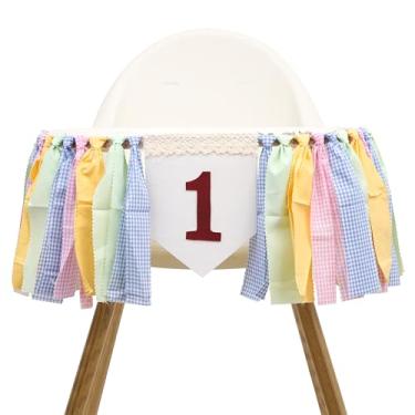 Imagem de Faixa de cadeira alta de 1º aniversário arco-íris pastel - suprimentos de festa para saia tutu de cadeira alta, decorações de festa arco-íris, primeiro aniversário com uma flâmula, adereços de foto de