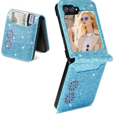 Imagem de Kruysozz Capa para Galaxy Z Flip 6 & Z Flip 5, capa carteira de couro brilhante à prova de choque com suporte para cartão meninas mulheres capa protetora para Samsung Galaxy Z Flip6 e Z Flip5 (azul)