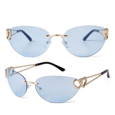Imagem de VFDHN Óculos de sol femininos sem aro, prateados, com lentes UV400, em formato de coração (7)