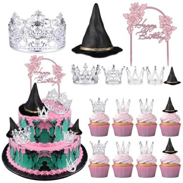 Imagem de Conjunto de 17 peças de chapéus de bruxa e coroas, enfeite de bolo, decorações de festa temáticas de princesa, mini chapéu de bruxa, coroa de liga de prata para festa rosa e verde, aniversário