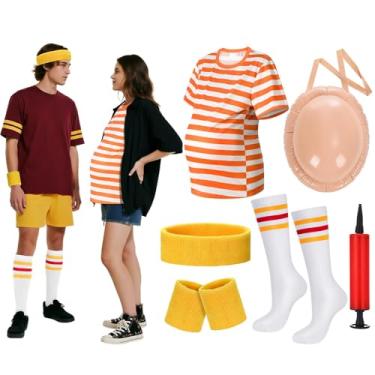 Imagem de Cozypower 6 peças de fantasia de casal de Halloween para gravidez, camiseta listrada laranja, faixa de cabelo, pulseiras e meias de joelho (Médio)
