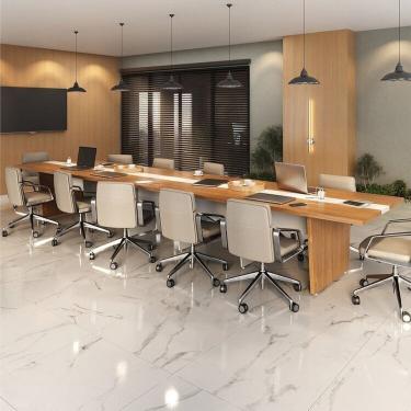 Imagem de Kit Mesa Reunião Escritório 12 Lugares C/ 4 Módulos P/Extensão, Caixa De Tomada, TampoTamburato 50mm Freijó/Branco