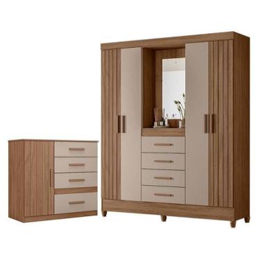 Imagem de Guarda Roupa Solteiro com Espelho Atenas e Cômoda Vênus Carvalho Fendi