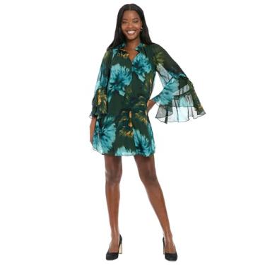 Imagem de London Times Vestidos femininos de chiffon floral com decote em V e manga sino, Verde oliva/verde cala, G