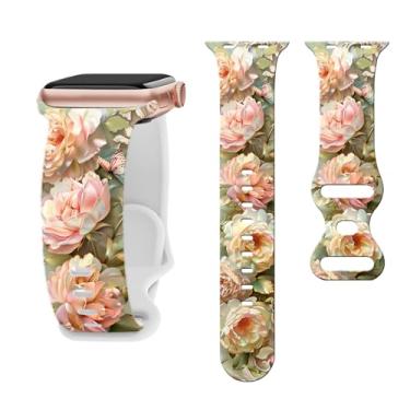 Imagem de Pulseira feminina de relógio floral compatível com Apple Watch de 44 mm, 40 mm, 38 mm, 41 mm, 45 mm, 49 mm e 42 mm, pulseira esportiva de silicone para Apple Watch Series Ultra 2, SE 11, 10, 9, 8, 7