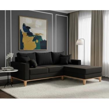 Imagem de Sofá Beny com Chaise Direita, 2,00x1,40m, 3 Lugares, Linho, Base em Madeira. (Preto)