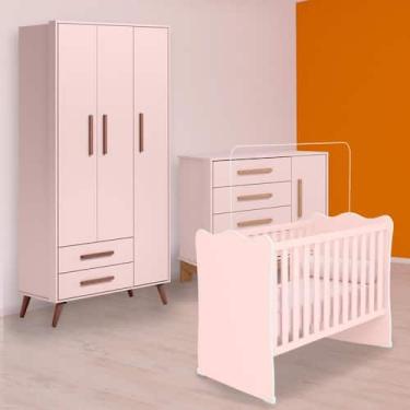 Imagem de Berço, Cômoda Sapateira Slim e Guarda Roupa Retrô Rosa - Qmovi