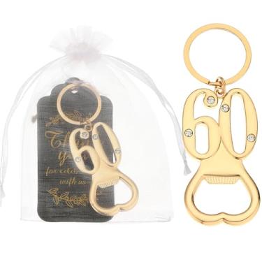 Imagem de 24 peças 60º chaveiro de ouro abridor de garrafas, lembrancinhas de festa de aniversário para convidados, 60º abridor de garrafas de cerveja a granel para lembranças de aniversário de aniversário