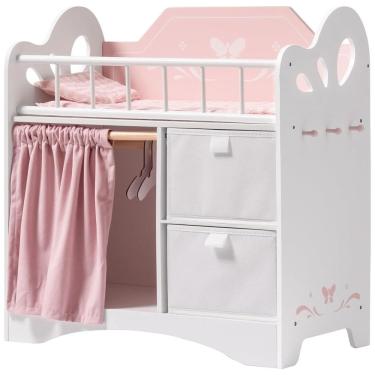 Imagem de Cama de Boneca ROBUD, Berço de Madeira com Gaveta e Enxoval, Design Encantador em Rosa para Bonecas de até 56cm