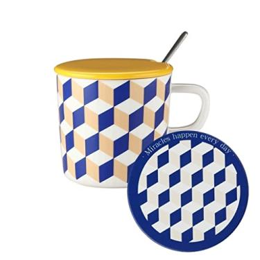 Imagem de Caneca de tabuleiro de xadrez copo de cerâmica com tampa e colher copo par par de copos de água copo de café casa romance café da manhã copo de leite caneca de café (cor: D)