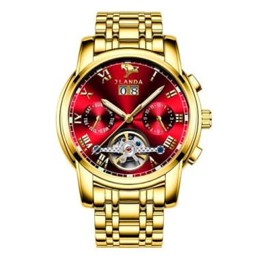 Imagem de DAXIAOYU Relógio masculino de luxo masculino de aço inoxidável com movimento mecânico totalmente automático, Dourado, vermelho, Luxuoso