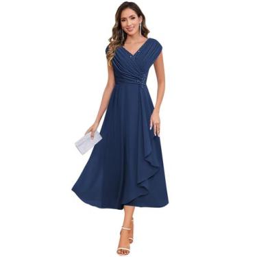 Imagem de Vestido Mãe do Noivo CDSSL Chiffon Azul Marinho A-Line