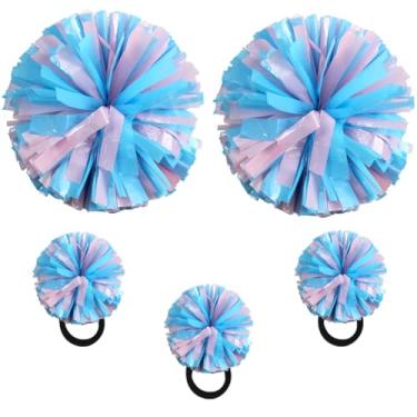 Imagem de Lovecheer 5 peças pompons rosa e azul líderes de torcida com mini pompons cordas de cabelo presentes de fantasia de líder de torcida decoração de pulso para esportes basquete hóquei futebol ano novo