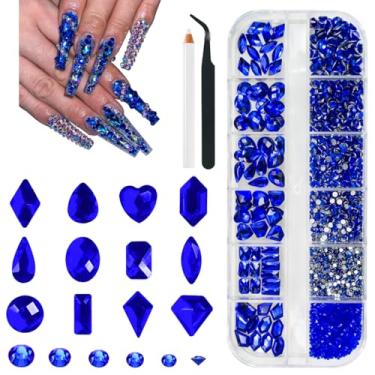 Imagem de Kit de strass de vidro azul safira 2052 peças de berloques de arte de unhas azul royal 72 multiformas cristais flatback diamantes grandes pedras + 1980 contas redondas pedras joias para unhas