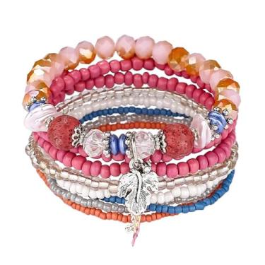 Imagem de Pulseira feminina com contas multicamadas trançadas coloridas redondas pulseira elástica estilo boêmio joia moderna presente, One Size, Liga metálica, Sem Pedra Preciosa