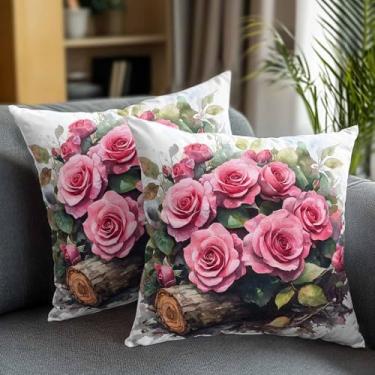 Imagem de Conjunto de 2 capas de almofada decorativas, estaca de madeira floral aquarela, sofá, sofá, primavera, ombré, rosa, fronha para casa, pátio, jardim