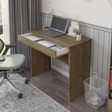 Imagem de Mesa para Computador Vitória 1 Gaveta Branca – Escrivaninha Compacta para Escritório e Home Office, em MDP com Prateleira(Canela)