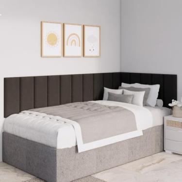 Imagem de Kit Cabeceira Modulada Estofada em L para Cama Box Casal Queen King | Placas 45x20cm em Suede Premium com Fita Dupla Face(PRETO,QUEEN - 18 PLACAS)
