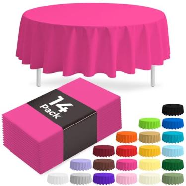Imagem de JSQBSECL Pacote com 14 toalhas de mesa de plástico fúcsia 213 cm descartáveis de plástico redondo para festas (Fúcsia, 213 cm redonda)