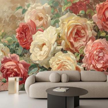 Imagem de Mural de parede floral colorido grande papel de parede 337.8 cm L x 248.9 cm H Peel and Stick Rose Flower Mural de parede pintura a óleo francesa quente arte de parede floral para suporte de TV quarto