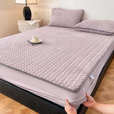 Imagem de Lençol de elástico macio e quente, protetor de colchão com bolso profundo espesso, elástico antiderrapante, aconchegante para todas as estações, roupa de cama de luxo para casal queen size, roxo, 150