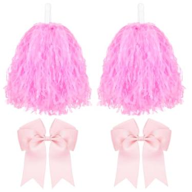 Imagem de CREATCABIN 4 peças pompons de líder de torcida grande laço de cabelo de líder de torcida de plástico rosa acessórios de torcida com alça para time espírito esportes dança torcida basquete futebol
