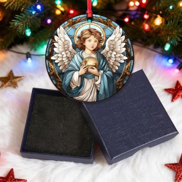 Imagem de Anjo da religião do cristianismo, enfeite de acrílico de 7 cm para decoração de árvore de Natal, pingente, presente cristão, igreja, com caixa de presente, enfeite para pendurar no Natal-SJ-007