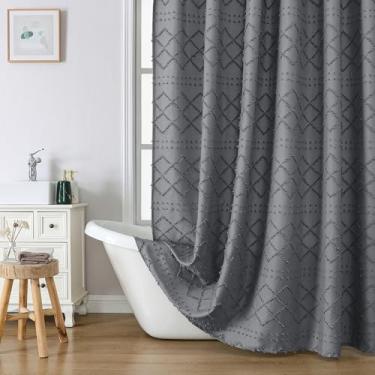 Imagem de Lecloud Conjunto de cortina de chuveiro cinza extralonga 182 x 236 cm, cortina de chuveiro texturizada moderna, moderna, fazenda, chique, listrada, minimalista, cortinas de banheiro altas para hotel