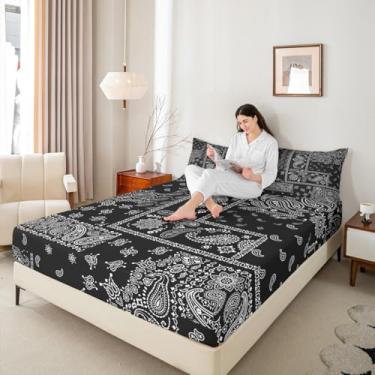Imagem de Jogo de cama solteiro Paisley com estampa floral jacquard estilo boêmio, 2 peças, estampa floral preta e branca com 1 fronha, decoração de quarto infantil e adolescente, roupa de cama macia (não plana
