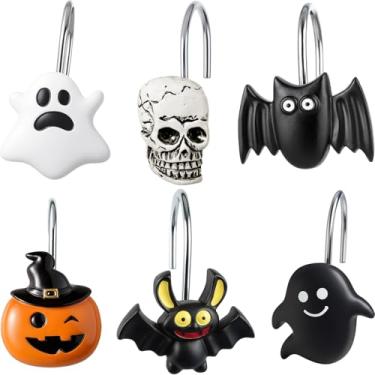 Imagem de Jetec 12 ganchos de cortina de chuveiro de caveira anéis de chuveiro de Halloween decorativos anéis de gancho de cortina de esqueleto de aço inoxidável ganchos de banheiro com decoração de caveira