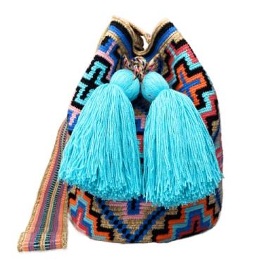 Imagem de Mochila feminina Wayuu, bolsa boêmia colombiana, feita à mão com grandes borlas bonitas, Multicolorido 10 - Grande