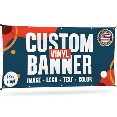 Imagem de Banner de vinil personalizado, texto personalizado e impressão de banner de logotipo para eventos de negócios, faixa de vinil para decoração de festa de aniversário, resistente ao clima, feita nos EUA