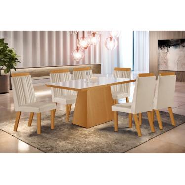 Imagem de Conjunto Sala de Jantar Mesa Prada com Tampo de Vidro 180cm e 6 Cadeiras em MDF Florença LJ Móveis - Castanho Cinamomo/ Creme/Off White
