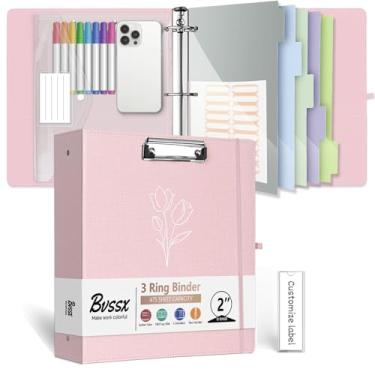 Imagem de Fichário de 3 anéis, organizador de fichário de linho de 5 cm para papel tamanho carta (21,6 cm x 28 cm) com divisórias de bolsos de 5 abas, fichários de couro BVSSX com prancheta, pasta de plástico,