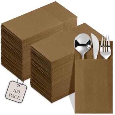 Imagem de Guardanapos descartáveis com bolso para talheres, pacote com 100 guardanapos marrons de papel para casamento, jantar ou festa, bolso embutido para talheres, pré-dobrado