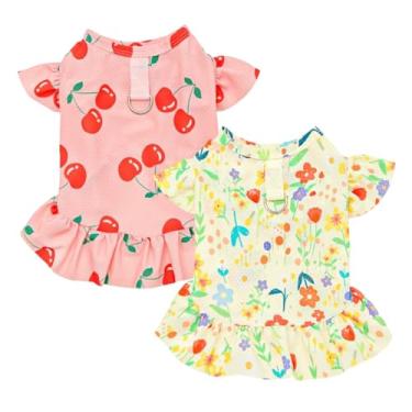 Imagem de JAAQUCD 2 peças de vestidos refrescantes para cães pequenos com cerejeira e flores vestido de filhote de gato para animais de estimação roupas de verão para ursinho poodle da Pomerânia Chihuahua
