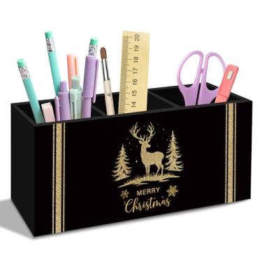 Imagem de nvucamd Porta-lápis de Natal dourado preto para mesa, acessórios de mesa de escritório de veado de Natal, preto e dourado, organizador de canetas de rena de Natal para casa, escritório, sala de aula