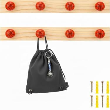 Imagem de Leinuosen 2 ganchos de basquete montados na parede para jogos de bola de madeira, suporte de chapéu, vintage, tema esportivo, decoração de parede, para toalhas, bolsas, chapéus, chaves, casacos