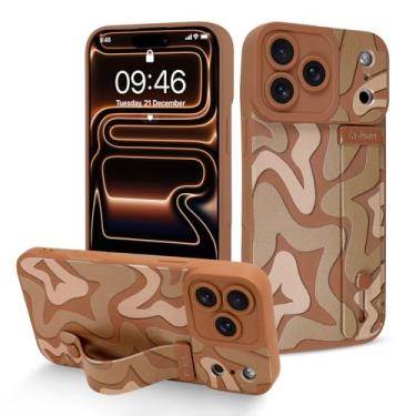 Imagem de Fiyart Capa projetada para iPhone 17 Pro Max com alça de pulso com suporte fofo moderno irregular listrado estrela para mulheres meninas Slim TPU à prova de choque pulseira bumper 17.5 cm - marrom