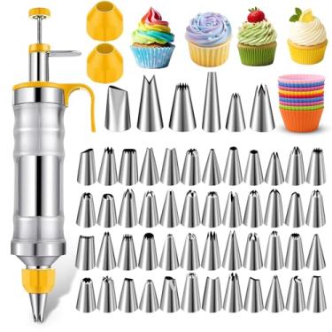 Imagem de NOVANO Conjunto de seringas para decoração de sobremesa, kit de tubulação de cobertura de aço inoxidável, kit de decoração de bolo com 54 pontas de confeitar e 9 cupcakes de silicone, kit de decoração
