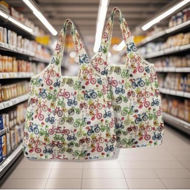 Imagem de Sacos de compras reutilizáveis de poliéster dobrável, estampa geométrica de flores de animais fofos, sacolas de compras reutilizáveis extragrandes de 13,6 kg, resistentes e laváveis na máquina
