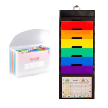 Imagem de Kit Pasta Sanfonada A4 com 12 Divisórias + Organizador de Documentos Pendurável 6 Bolsos Removíveis, Expandível, 36x88 cm, Arquivos, Escritório, Escola, Casa e Organização (Transparente e Colorido)
