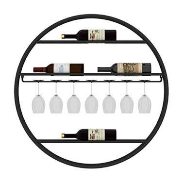 Imagem de Prateleiras redondas de vinho de ferro preto, prateleira de armazenamento de metal montada na parede com taças de vidro cálice, prateleiras organizadoras de decoração de bar de cozinha (tamanho: 85 x